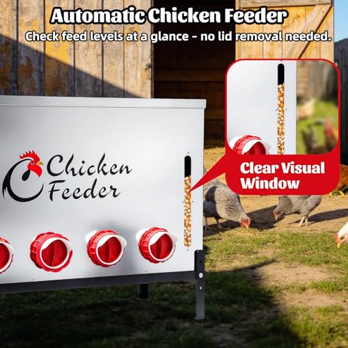 120LB Metal Chicken Feeder, Rat Proof Automatic Large Chicken Feeder with Visible Window &10 Ports, Galvanized No Waste Poultry Feeder for Chickens, Ducks, Geese - size: 120 LBS
