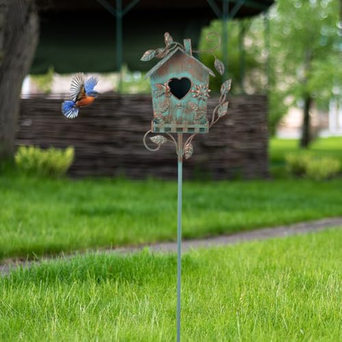 DREAMSOUL 48" Rustic Bird House Pole, Green Birdhouse for Patio | Metal Bird Houses for Outside Garden Yard Accent, Weatherproof Finish, Ornamental Aviary Style - style: Rustic