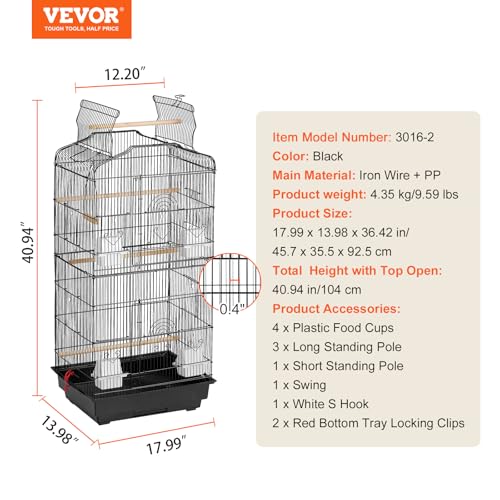 VEVOR 41-inch Open Top Large Parrot Bird Cage, Hanging Bird Cage for Parakeets Finches Canaries Lovebirds Cockatiels Budgies Small Quaker Conures Travel Pet Flight Birdcage with Swing and Perch - size: 18.0"L x 14.0"W x 36.4"H