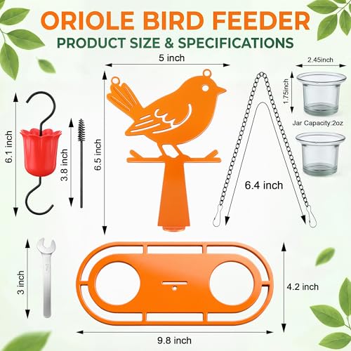 2 Pack Oriole Feeder for Outdoors with Built in Ant Moat, Metal Bird Feeder with 2 Jelly Cup & Orange Holder, Bright Orange Hanging Oriole Feeders for Backyard
