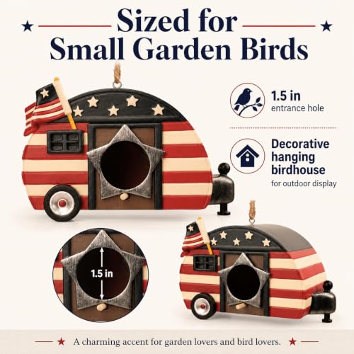 Hanging Bird House for Outside, Hand-Painted Patriotic Camper Birdhouse, Resin American Flag Bird House with Cleaning Plug, Outdoor Garden Decor for Yard, Patio, Porch, Tree, Gift for Bird Lovers - style: american flag