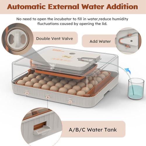 56-Egg Incubator, Automatic Egg Turner with LED Candler, Smart Temperature & Humidity Control, Automatic Water Refill, 360° Clear View, Airflow Circulation – Chicken, Duck, Quail, Bird Egg Hatcher