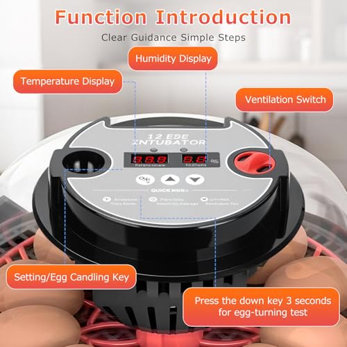 12 Egg Incubators for Hatching Eggs Automatic Egg Incubator with Temperature Control Humidity Control and Display for Chicken Duck Quail Eggs Auto Turner, Black red