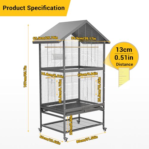 65.7 Inch Wrought Steel Bird Cage with Pull-Out Tray/Lock,Large Flight Cage with Feeding Bowl/Stand/360° Swivel Casters for Cockatiels, Greys, Parakeets, Budgies, Conures, Pigeons, Canaries, Lovebirds