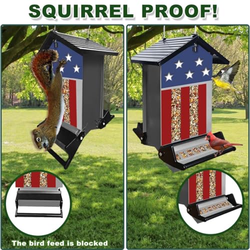 Squirrel Proof Bird Feeder for Outdoors,6LB Large Capacity,Metal Wild Bird Seed Feeder with Bilateral Weight-Activated Perches for Outside Hanging,Finch,Cardinal,Blue Jay,Garden（Grey - color: Gray