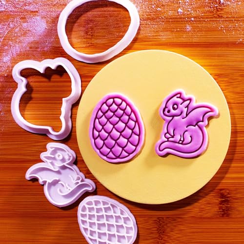 BAKERLOGY Mini Baby Dragon and Dragon Egg Cookie Cutter and Stamp Set (2") – Fantasy-Themed Embosser for Nursery Cookies, Fondant Tool for Mythical Birthday Cupcakes and Baby Shower Cakes