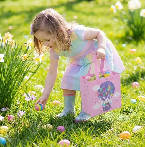 SUNCOLOR Easter Gift Bags, 6 Pack Non-Woven Tote Bags with Bunny Design, 9x9x4.7 Inch, Reusable Party Supplies for Kids Egg Hunt Games