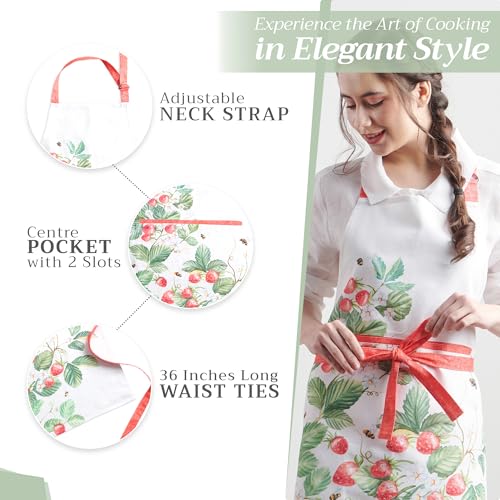 Maison d' Hermine Aprons for women with Pocket 100% Cotton (27.50"x31.50") | Adjustable Neck Strap & long ties Apron Men Chef Wedding Cooking Gardening Server Maid - color: 048 - Strawberry Summer
