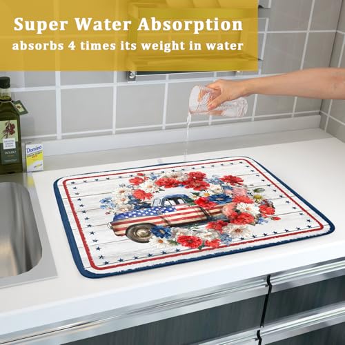 Patriotic Truck Dish Drying Pad 4th of July Drying Mat for Kitchen Counter Coffee Bar Sinks 18 X 24 Inch - color: Patriotic Truck Blue, size: 24" x 18"