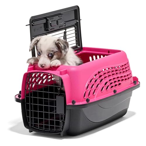 Petmate Dog Crates for Small Dogs & Cat Carriers, Two-Door Plastic Pet Kennel, Top & Front Loading, XS 19" For Dogs Up To 10 lb, Pink | Plastic pet kennel made in USA, for small pups and kittens, dual entry design, great for travel and vet trips, easy acc