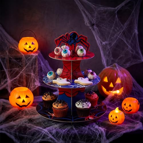 3 Tier Spider Cupcake Stand Spider Birthday Party Decorations Cupcake Tower Hero Theme Cake Holder Hero Dessert Holder Table Display for Birthday Baby Shower Party Supplies - style: Spider web