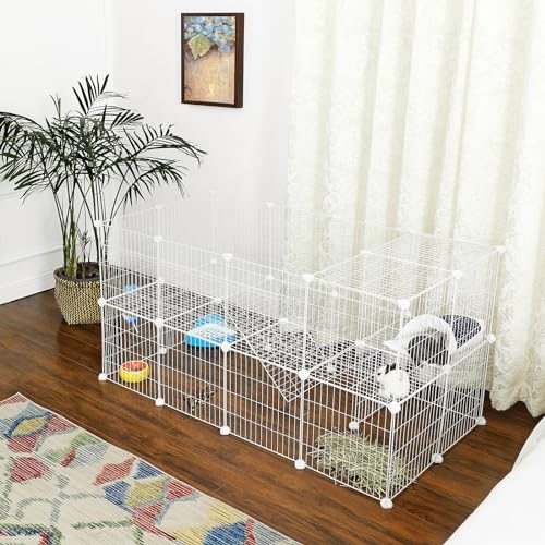 SONGMICS 36 Panels Pet Playpen, Small Animal Playpen, Rabbit Guinea Pig Cage, Zip Ties Included, Metal Wire Apartment-Style Two-Story Pet Premium Villa for Bunnies Puppies, Indoor Use, White ULPI02W - color: White, size: 56.3"L x 28.7"W x 28"H