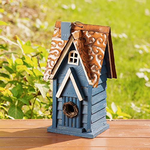 Glitzhome 12" H Hanging Birdhouse Retro Blue Distressed Wooden Cottage Garden Bird House for Outside - color: Blue