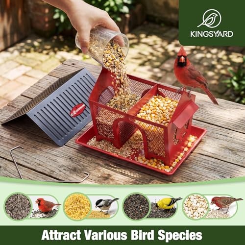Kingsyard Wild Bird Feeder for Outdoors Hanging, All Metal | Dual-Use Mesh with 360° Feeding, Weatherproof Roof, 3 lb Seed Capacity, Garden Decor & Birding Gift, Red - color: Red