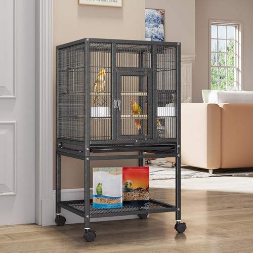 YITAHOME 41 inches Metal Bird Cage for Parakeets: Large Parrot Cages with Tray, Food Boxes, and Wooden Perches with Rolling Stand & Brakes for Lovebirds Cockatiels Pigeon Finches, Black | Large Parrot Cages with Tray, Food Boxes, and Wooden Perches with R