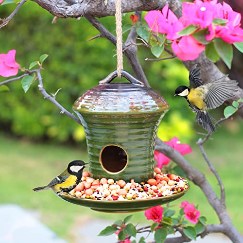 Kimdio Birdhouse Ceramic Hanging Birdhouses Bird Hut Hanging Multi-Function Outdoor Bird Feeders for Wild Birds, Finch, Cardinal, and Bluebird - Green - color: d - Green bird feeder
