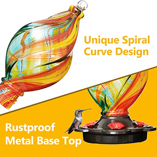 LUJII Ice Cream Shaped Spiral Hummingbird Feeder for Outdoors Hanging, Hand Blown Glass, 28 fl.oz, Leak Proof & Rustproof, Includes an Ant Moat, Unique Garden, Outside & Backyard Decor (Ribbon) - color: Ribbon, size: Small