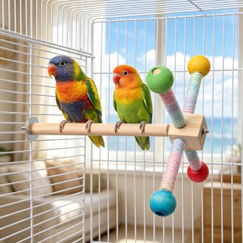 360° Spinning Parrot Perch Toy Rainbow Cotton Rope Natural Wood Parrot Toys Interactive Bird Cage Accessories Relieve Boredom Anxiety for Conures Cockatiels Lovebirds Small Medium Birds