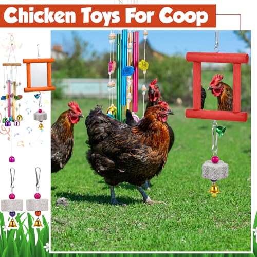 VioraWhite 7 Pcs Chicken Toys, Hanging Chicken Wind Chime, 2 Pcs Coop Mirror Toys with Bells 4 Pack Beak Grinding Stones, Musical Coop Accessories for Hen Rooster Chick Poultry Birds(Red, Orange) - color: Red, Orange
