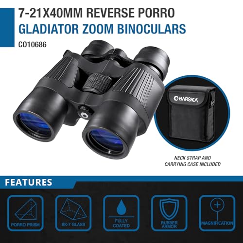 Barska Gladiator 7-21x40mm Zoom Binoculars – Reverse Porro, Fully Coated Optics, Rubber Armor, BK-7 Prisms, for Birding, Sports, Hunting, Events