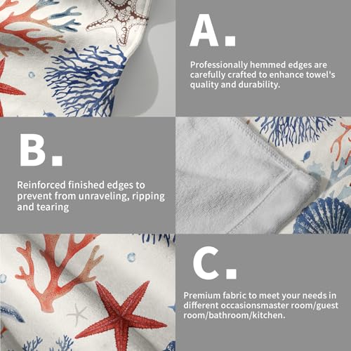 Nautical Coastal Hand Towels Set of 2, Beach Themed Ocean Seashell Coral Starfish Decorative Bathroom Towel 28x14 Inch, Soft Absorbent Microfiber Wash Cloth for Kitchen Gym Hotel Home Decor - color: Blue Orange Coastal