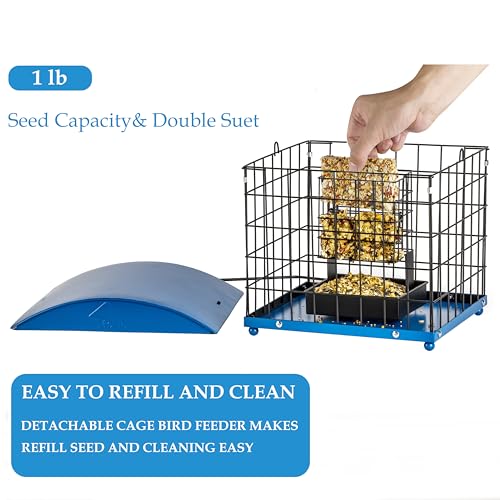 Caged Suet Bird Feeders Squirrel-Proof, Dual-Purpose Suet &Seed Wild Bird Feeders with Tray, Starling-Proof Metal Caged Bird Feeders Outdoors Hanging, 2 Suet Cakes+1lb Seed Capacity, Blue