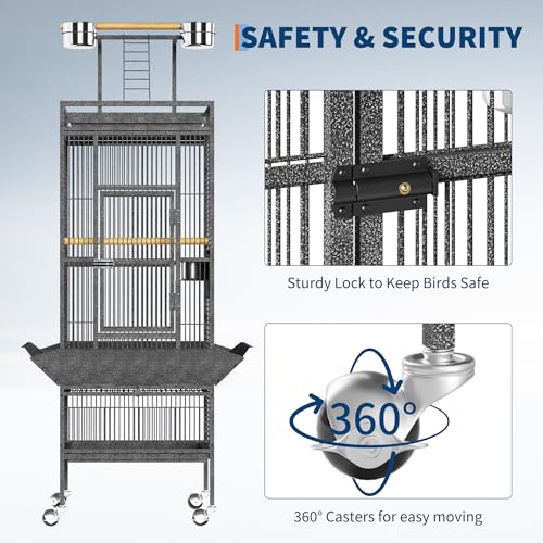 61" Large Bird Cage, Metal Parrot Cage with Play Top, Rolling Stand & Bowls - Bird Aviary for Parrots, Conures, Cockatiels, Parakeets, Indoor Outdoor Aviary for Outside Yard Garden Porch, Black/Silver