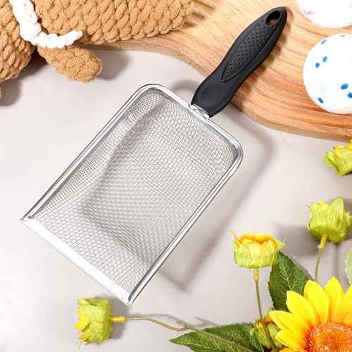 Stainless Steel Mesh Litter Shovel, Fine Mesh Metal Reptile Litter Cleaner Scooper, Black Non-Slip Handle Sifter for Lizard Substrate Reptile Terrarium Sand Waste