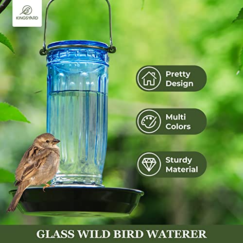 Kingsyard Glass Bird Water Feeder for Outdoors, Hanging Bird Waterer | 16 oz Capacity, 360 Degree Perch, Wide-Mouth Opening, Metal Hanging Hook & Base, Easy to Clean & Refill, Blue