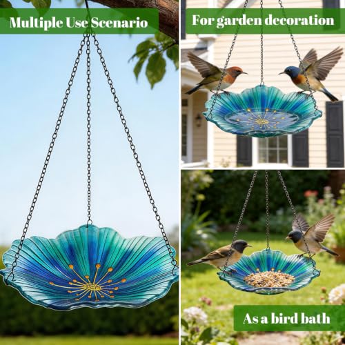 Bird Baths for Outdoors, Glass Birdbaths Outdoor Birdfeeder with Metal Stake (Light Blue with Hanging) - color: Navy Blue with Hanging