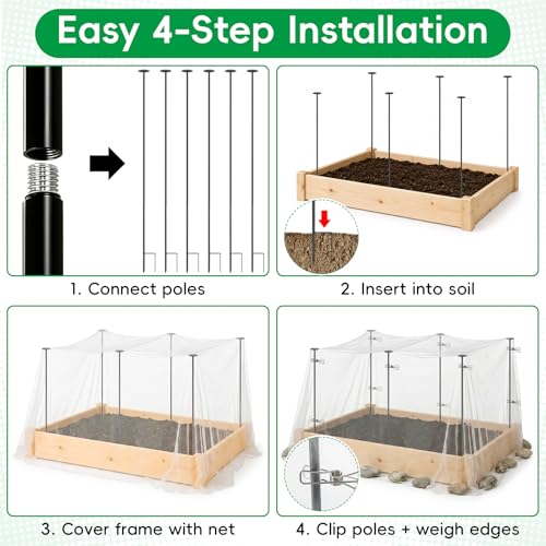 Metal Garden Netting Covers Kit, 6 Pack 2.6FT Poles, 10FTX13FT Mesh | Raised Beds, Garden Poles Support Stakes, 12 Clips, Insect Pest Barrier, Vegetables, Fruits, Flowers, Garden Protection - size: 2.6FT