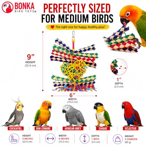 Bonka Bird Toys 1730 Foraging Valentine Heart Bird Toy for Medium Birds Shredding and Chewing Cage Toy Colorful Palm Leaf and Paper Foraging Toy 9" x 6" - color: Foraging Heart