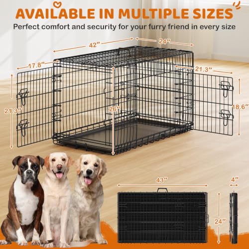 Yaheetech 42inch Double Door Dog Crate w/Divider, Collapsible Metal Kennel | Heavy-duty Sturdy Metal Frame, Easy Assemble, Fold Up for Travel, Removable Tray, Ideal for Puppies, Medium to Large Dogs - size: 42" L