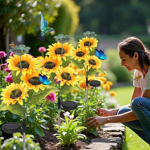 2 Pack Bee Watering Station, Butterfly Bird Water Feeder, 2-In-1 Flower Design Bee Bath Bowl with Glass Marble for Outdoor Decor & Sunflower Solar Lights Outdoor Waterproof, Flower Solar Garden Lights