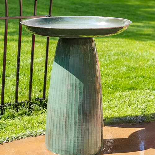 Sunnydaze Modern Bird Bath for Outside, Iron, 23” H, Green Glaze | UV & Rust-Resistant Matte Finish, Durable Iron,1 Gal Water Cap, Outdoor Birdbath for Garden, Pedestal Bird Bath with Bowl - color: Green Glaze