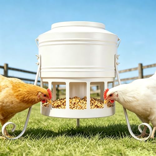 Metal Chicken Feeder, 20Lbs Large No Waste Chicken Feeder with 12 Ports, Heavy Duty Poultry Feeder with Lid & Handle, Rat Proof Rust Proof Feed Box for Chickens Ducks Geese Backyard Farm (White) - color: White