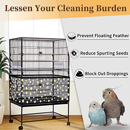 Daoeny Large Bird Cage Cover, Bird Cage Seed Catcher, Adjustable Soft Nylon Mesh Net with Daisy Pattern, Birdcage Cover Skirt Seed Guard for Parrot Parakeet Macaw Round Square Cages (Black) - color: Black, Daisy Design