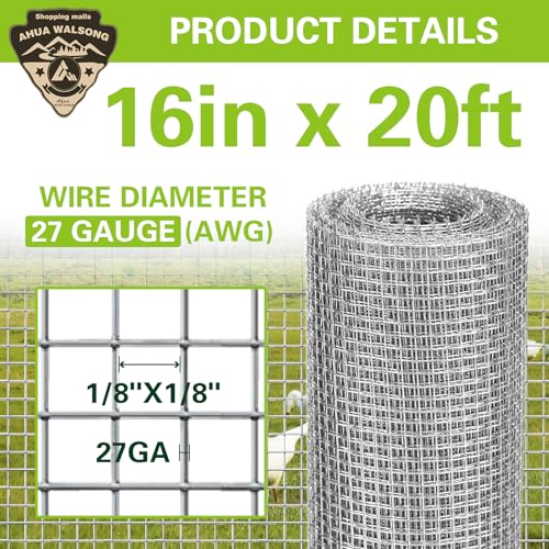 Hardware Cloth 16" x 20', 1/8" 27 Gauge Galvanized Wire Mesh Roll, Welded Metal Screen for Chicken Coops, Poultry Fencing, Animal Cages, Garden Barriers, DIY Craft Projects - size: 1/8" 27ga 16in x 20ft