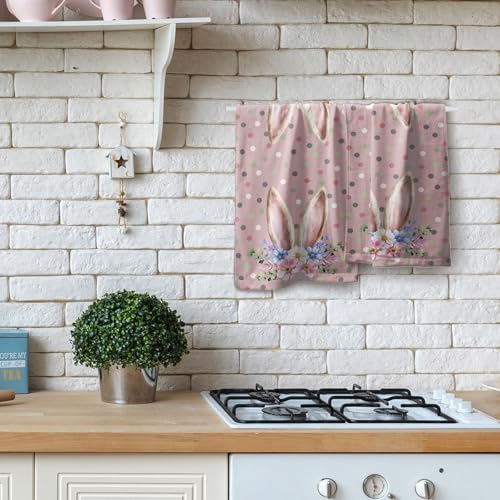 Giwawa Easter Bunny Ears Hand Towels Pink Rabbit Ear Kitchen Towel Spring Flowers Colorful Polka Dots Bathroom Towel Decorative Fingertip Towels for Farmhouse Holiday Decor 14 x 28 Inch Set of 2 - color: Bunny Ears