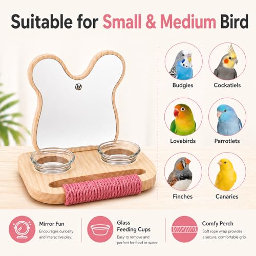 Bird Mirror with Perch and Feeder, Wooden Birds Toys Bird Cage Accessories for Parrots to Expend Energy, Interactive Toys for Greys Amazons Parakeet Cockatiel Conure Lovebirds Finch Canaries - size: 5.9 inch