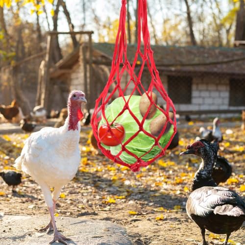 4pcs Chicken Vegetable Hanging Feeder Polyester Chicken Vegetable String Bag with Metal Hooks in Coop Veggies Holder Feeding for Poultry, Hens, Duck(4 Colors)