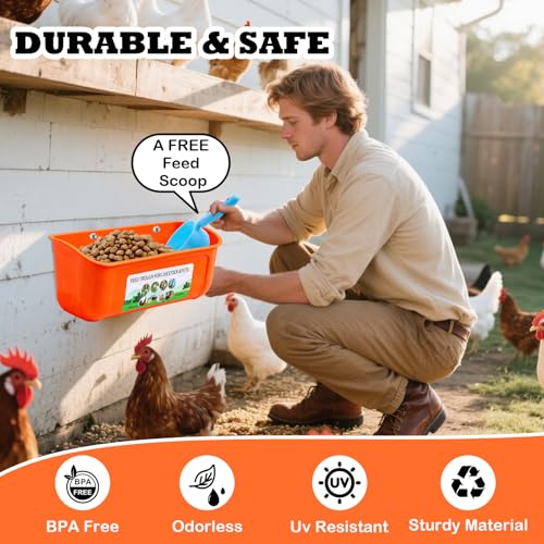 5 Pack Chicken Feeder, Duck Feeder Supplies, Hanging Fence Feed Trough with Clips for Goat, Sheeple, Piglet, Gooses, Turkeys, Dog Livestock Poultry, 8 Quarts in Total, Feed Scoop Included, Orange - color: Orange 5pcs