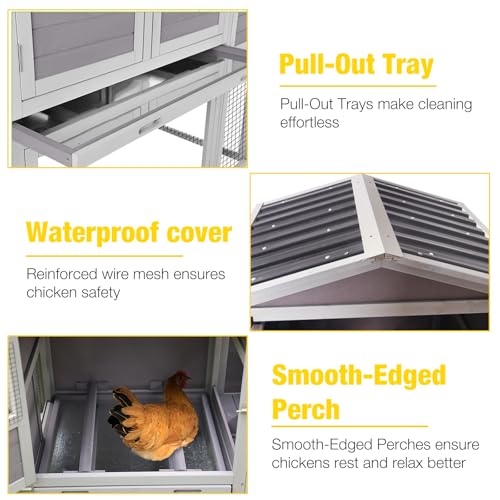 Aivituvin Chicken Coop with Run and Wheels, Mobile Outdoor Hen House Wooden Poultry Cage with Waterproof Roof (Grey, AIR61) - color: Grey, size: AIR61