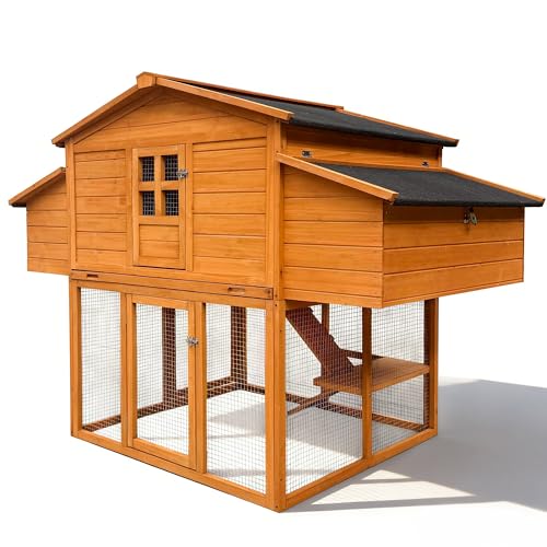 Chicken Coop for 6-8 Chickens with 2 Nesting Boxes, Removable Leakproof Tray, UV-Resistant Roof, 6 Access Doors 70x42x55in