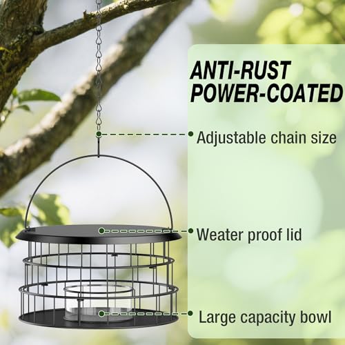 Hanging Bird Feeder, Metal Caged Squirrel Proof Bluebird Feeders Metal Mesh | All Metal, Cage Mealworm Bird Feeder with Tray, Squirrel Proof & Weatherproof, Easy to Refill & Clean