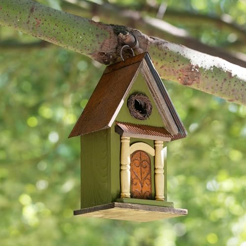 Glitzhome Hanging Birdhouse for Outdoors, Bird Houses for Outside, 11.25" H Vintage Distressed Decorative Wooden Bird House Garden Birdhouse for Bluebird Hummingbird Wren Finch Cardinals Cedar - color: 11.25"H Green