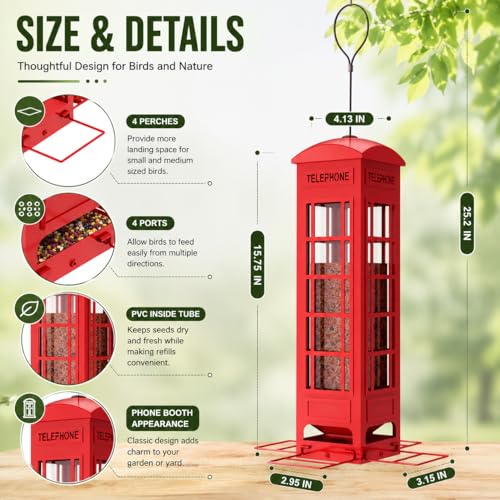 Squirrel Proof Bird Feeder, 3.2LB Large Capacity Metal Mesh Hanging Bird Feeder for Outdoors with Weight-Activated Perches for Cardinals, Finches, Chickadees & Blue Jays, for Dad - color: red