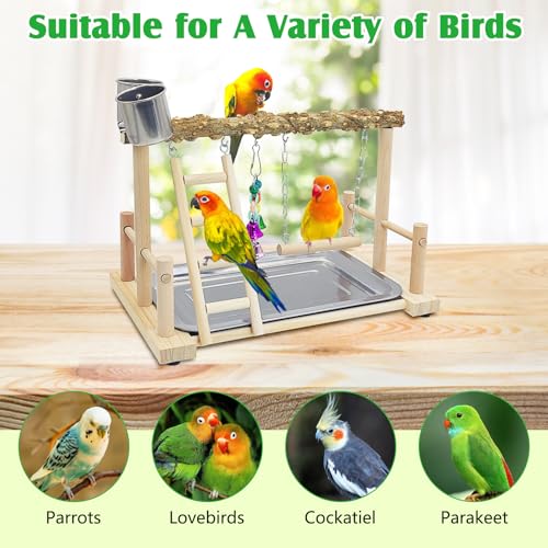 kathson Parrots Playground Bird Perch Wood Playstand Stand with Ladder Swing Feeder Cups Chew Toy for Parakeet Conure Cockatiel Budgie Lovebird Finch Small Birds
