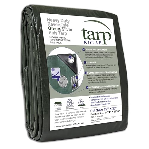 Kotap 15 x 30 Ft. Heavy-Duty Protection/Coverage Tarp, 8-mil, Reversible, Multi-Use, Waterproof, Green-Silver, (TGS-1530) - size: 15 x 30 Ft., style: Heavy-Duty 137 GSM Green/Silver