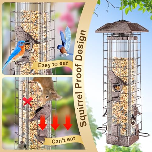 Squirrel Proof Bird Feeder for Outdoors Hanging, Metal 3LB Feeder | Weight activated gravity protection metal feeder with 4 ports for wild birds, chew proof hanging birdfeeder for cardinals